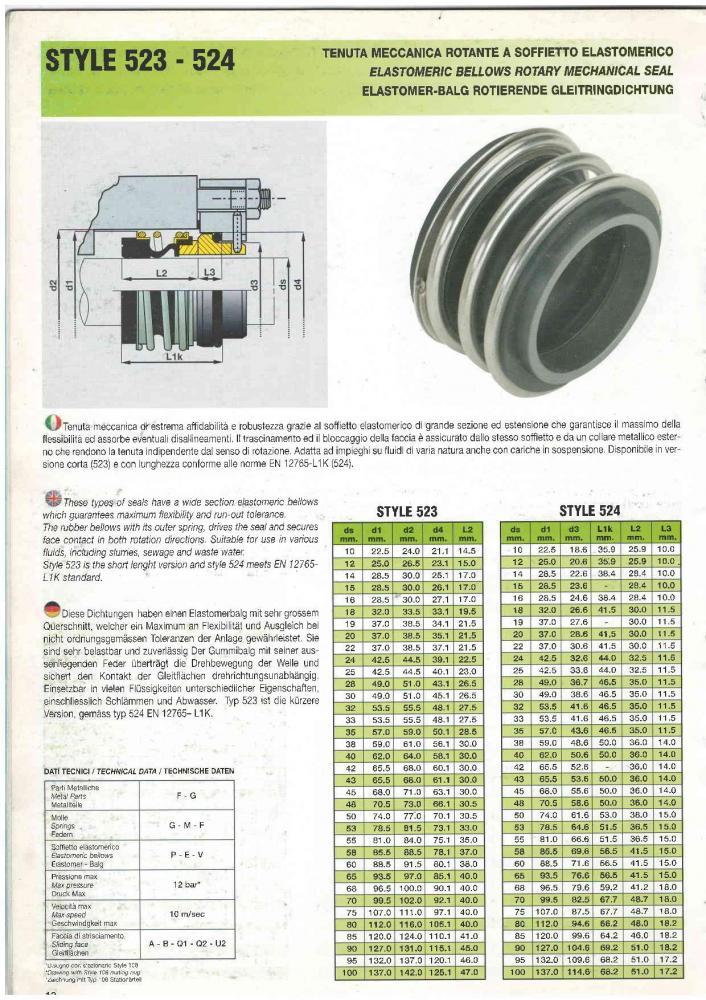 Mechanical Seal Rubber Bellow Size 43mm Silicon Carbide /Viton Sealtek® Italy style 523 seat style 102
