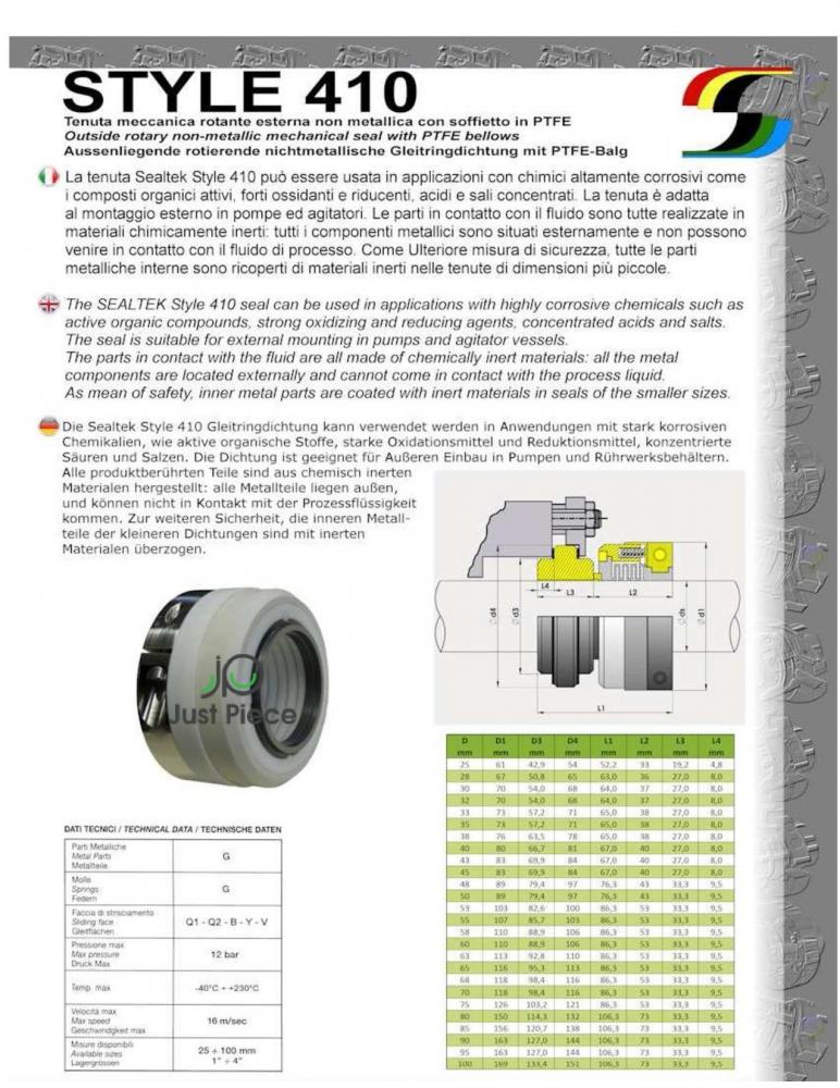 Mechanical Seal PTFE Bellow Size 100mm PTFE / Ceramic /PTFE Brand Sealtek® Italy style 410 seat style 114