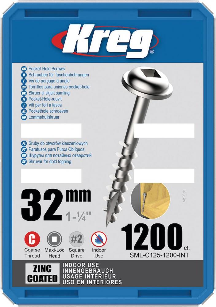 Kreg Zinc Pocket-hole Screws - 32mm/1.25", #8 Coarse-thread, Maxi-loc, 1200-count