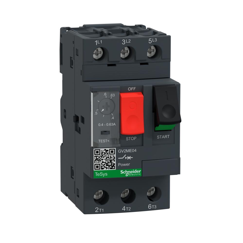 Motor Circuit Breaker, TeSys GV2, 3P, 0.4-0.63 A, Thermal Magnetic, Screw Clamp Terminals