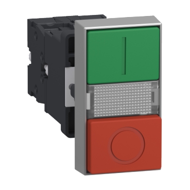 Illuminated Double-headed Push-button, Easy Harmony XA2, Plastic, 22mm, 1 Green Flush I + 1 Light + 1 Red Flush O, 24V AC/DC, 1NO + 1NC