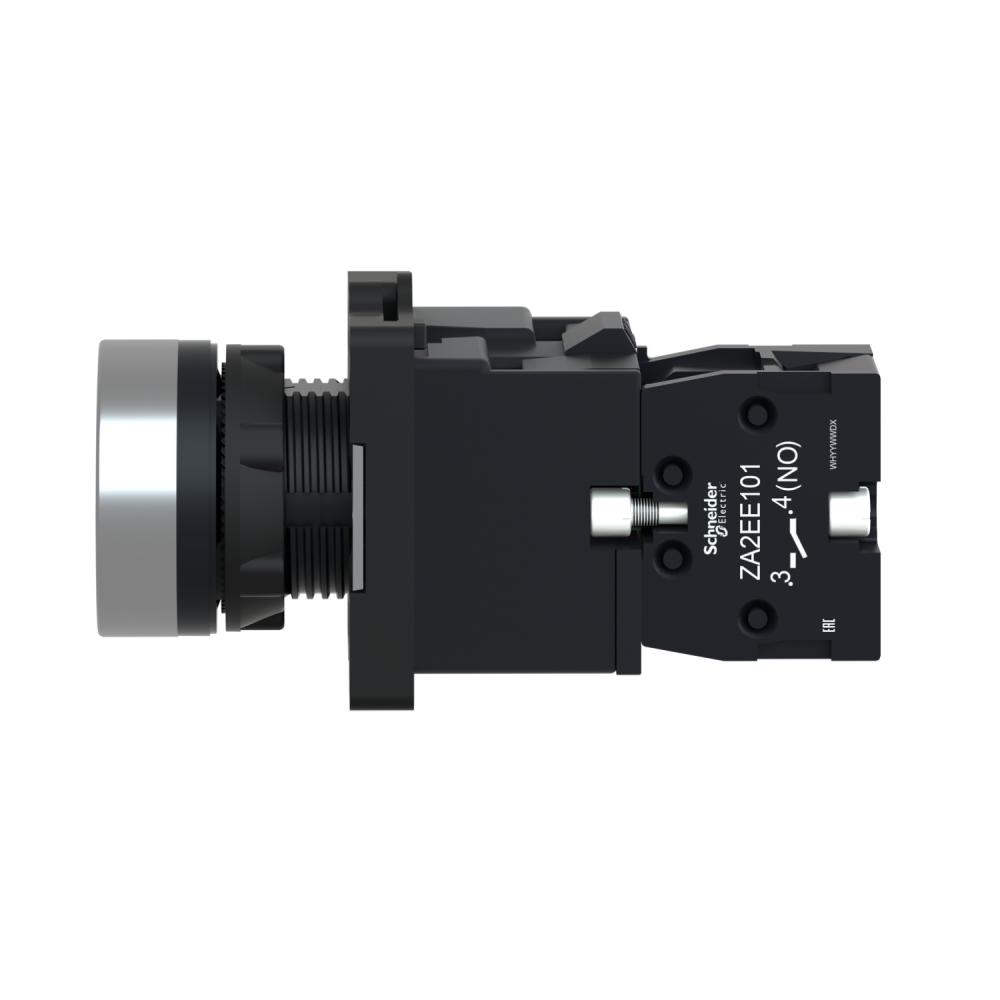 Complete Illuminated Push Button, Easy Harmony XA2, Plastic, Flush, White, 22mm, Spring Return, 24V AC/DC, 1NO
