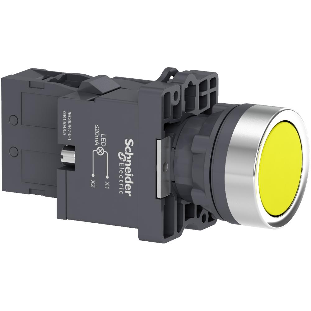 زر ضغط (بوش بوتن) مضيء كامل مسطح (غاطس) أصفر - بقطر 22 مم - مسطح (غاطس) - 220 فولت تيار متردد - نقطة تلامس في وضع الفتح عادة (1NO)