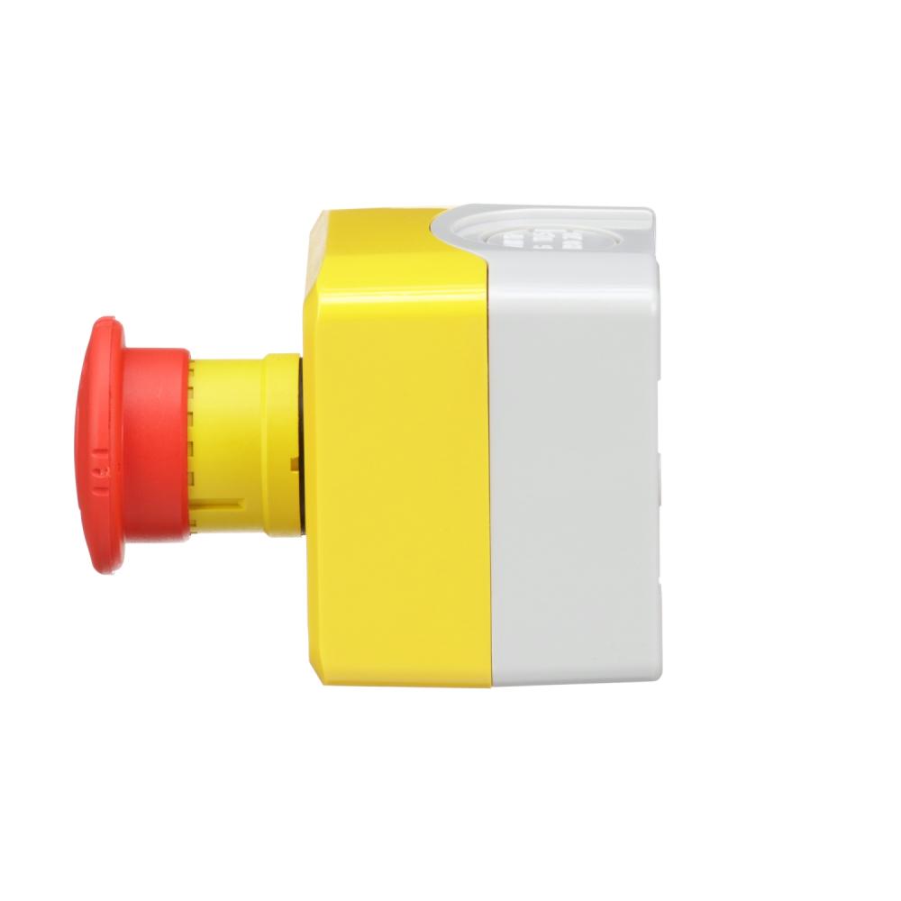 Control Station, Plastic, Yellow Lid, 1 Red Mushroom Push Button Ø40, Turn To Release, 1 NC