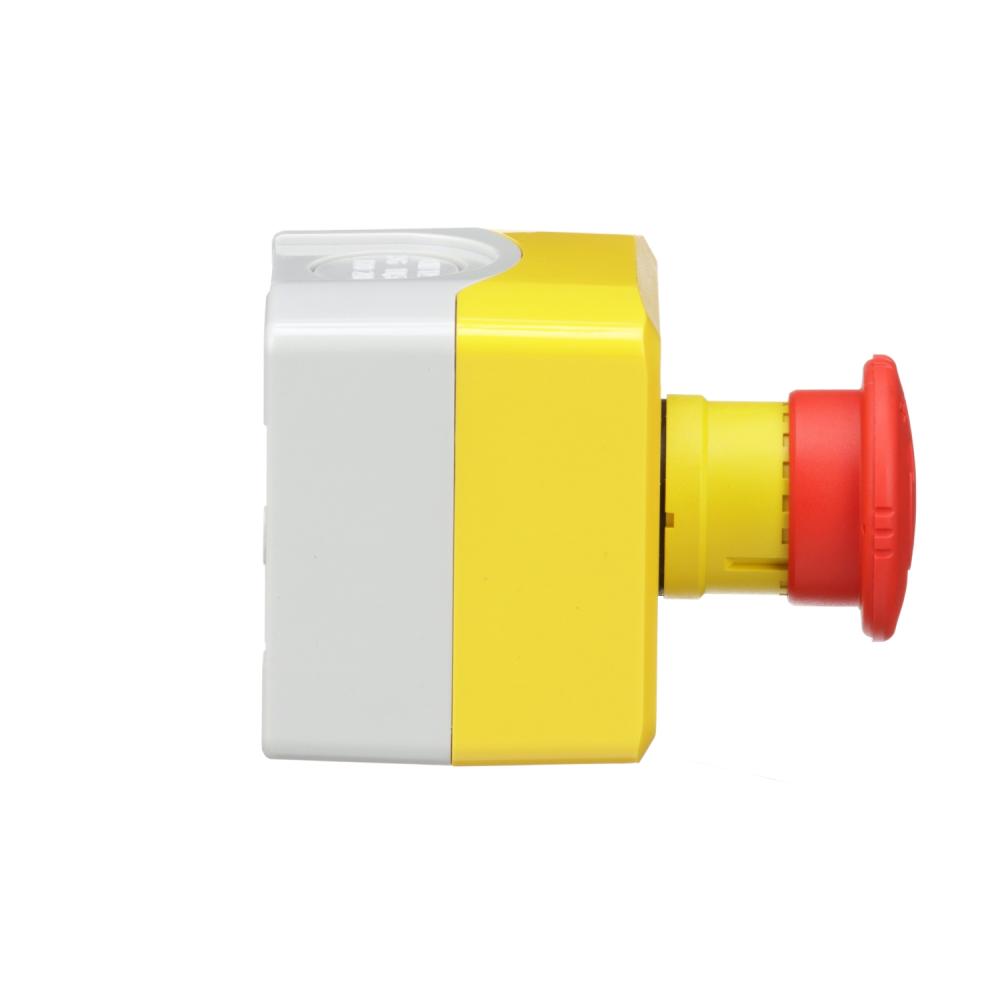 Control Station, Plastic, Yellow Lid, 1 Red Mushroom Push Button Ø40, Turn To Release, 1 NC
