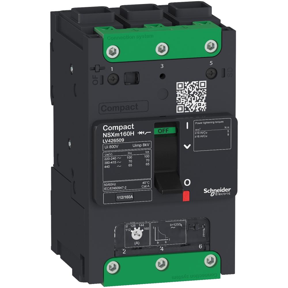 circuit breaker ComPact NSXm B (25 kA at 415 VAC), 3P 3d, 160 A rating TMD trip unit, EverLink connectors