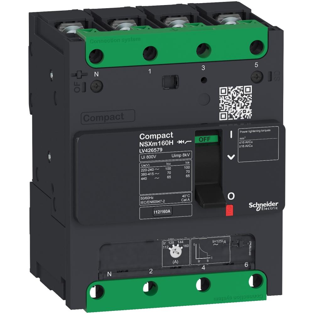 Circuit Breaker ComPact NSXm N (50 KA At 415 VAC), 4P 3d, 100 A Rating TMD Trip Unit, Compression Lugs And Busbar Connectors