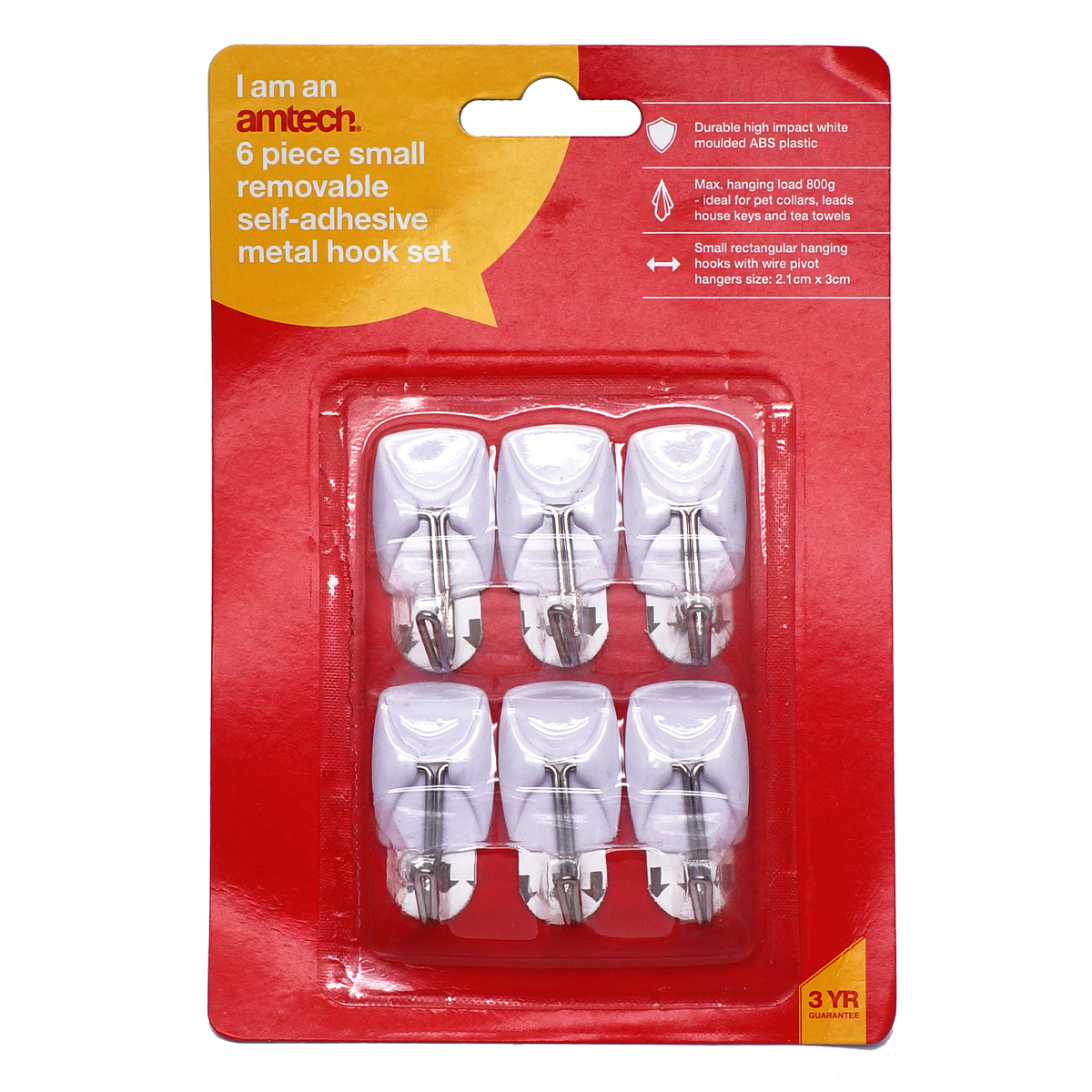6 Piece small, removable self-adhesive metal hook set (2.1cm x 3cm)