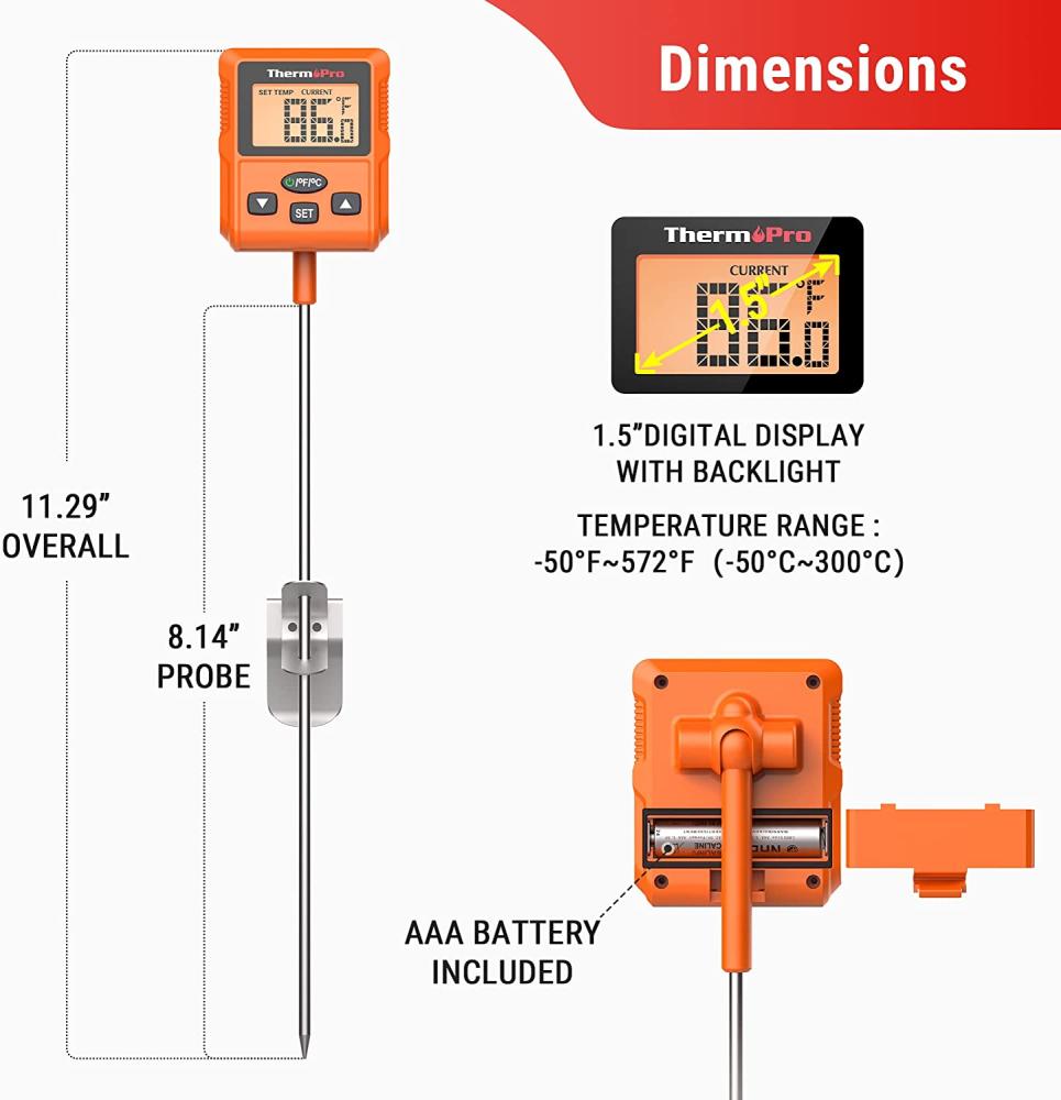 ThermoPro Digital Thermometer With Pot Clip 8'' Long Probe