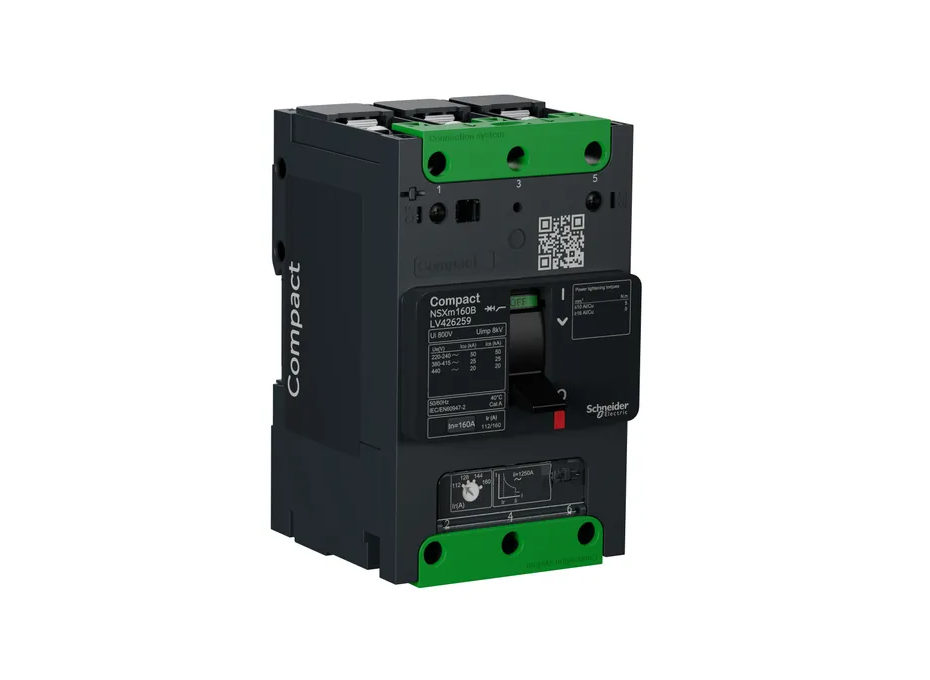 circuit breaker ComPact NSXm B (25 kA at 415 VAC), 3P 3d, 160 A rating TMD trip unit, compression lugs and busbar connectors