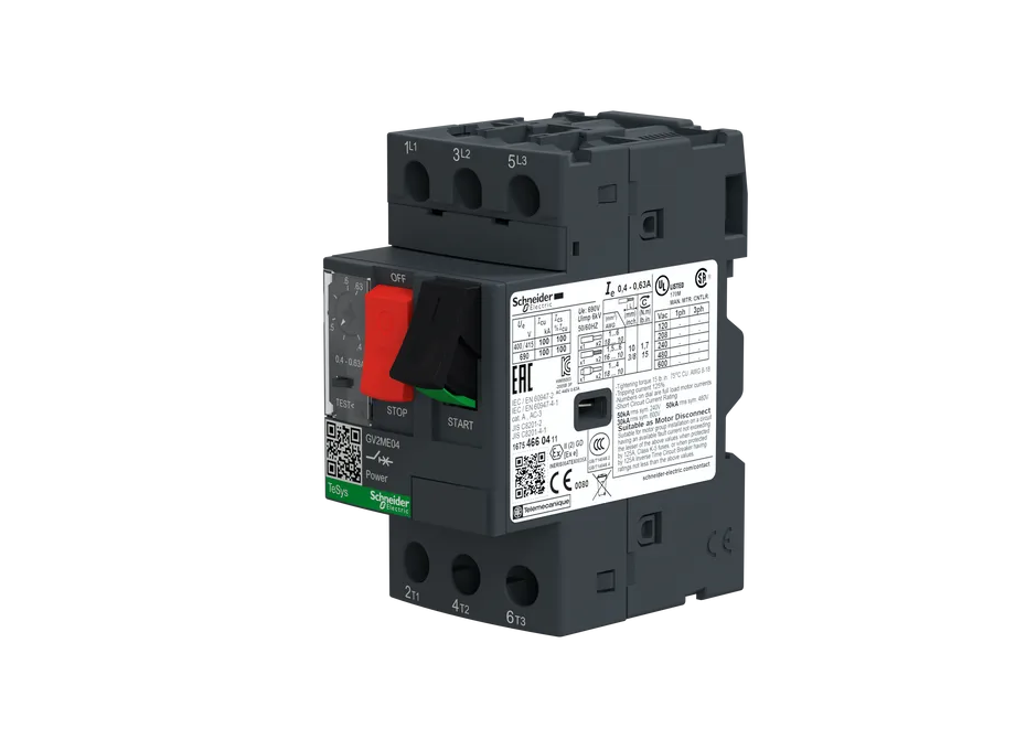 Motor Circuit Breaker, TeSys GV2, 3P, 0.4-0.63 A, Thermal Magnetic, Screw Clamp Terminals