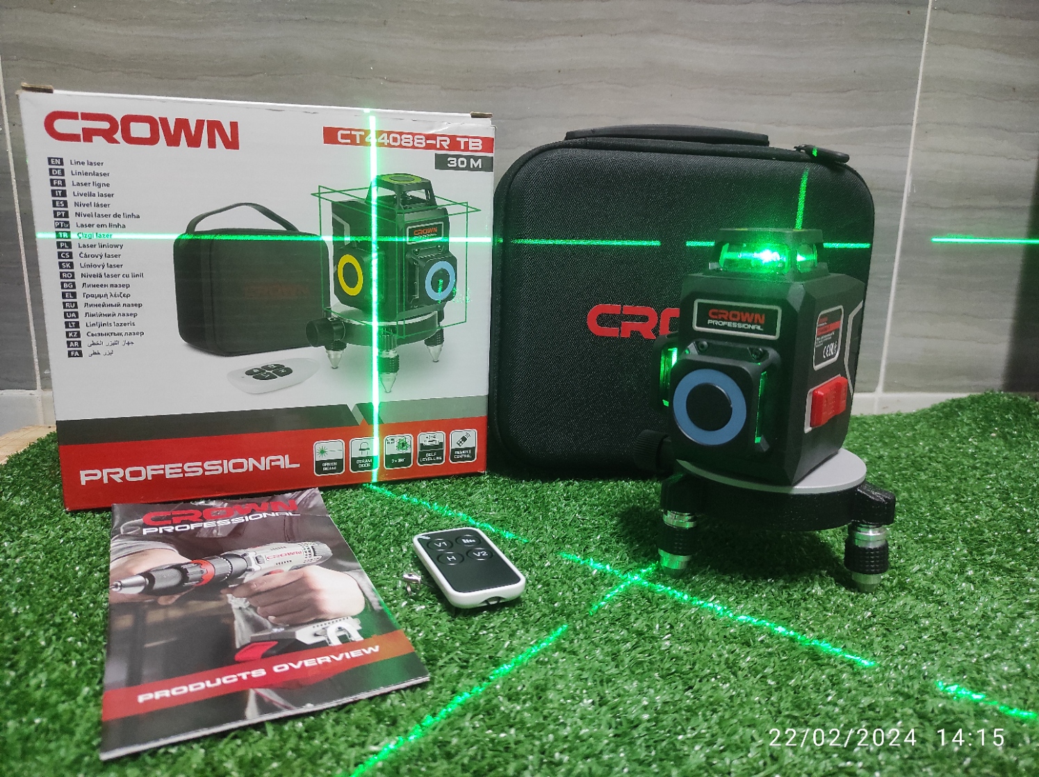 CROWN Laser Scale, 12 Lines (3X360), 3 Lenses, 360 Degrees, 30 Meters, Green Beam, With Remote Control