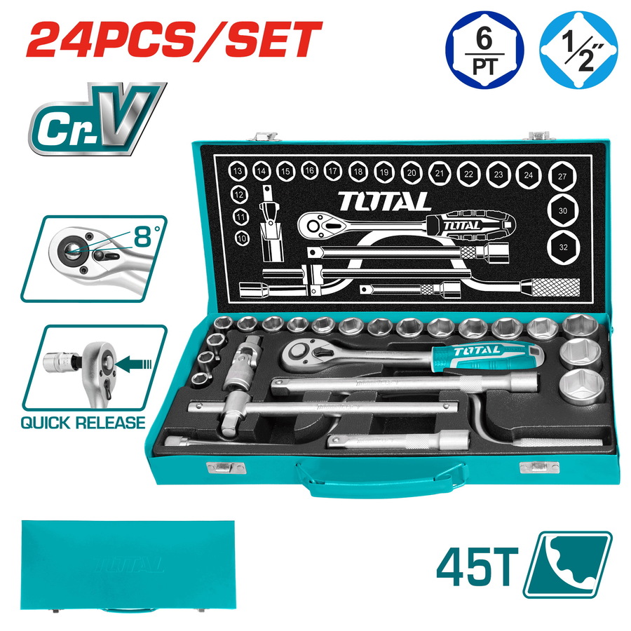Total 24 Pcs 1/2" Socket Set