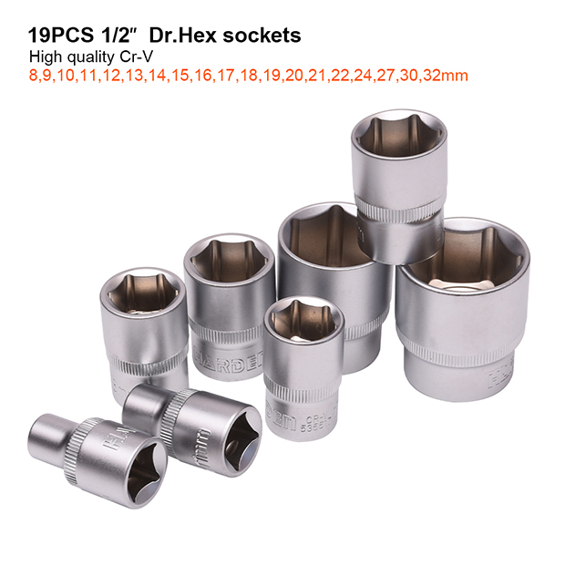 Socket Bits Set 1/2", 32 Pieces, Hexagon + Serrated, From 8 Mm - 32 Mm, Fiber Bag Harden