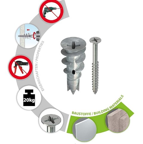 Gypsum plasterboard wall plug Spiral Plus + Screw (50 Pcs.) Tox