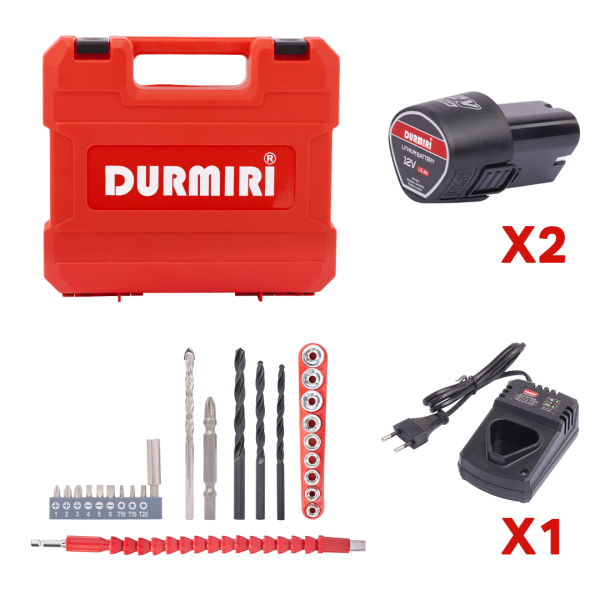 DURMIRI Cordless Drill / 12V-1.5A / Brushless +2 Battaries +charger