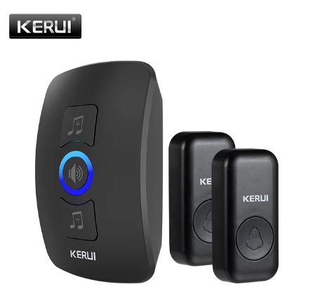 جرس لاسلكي من KERUI مع ( 2 زر + 1 مستقبل + 60 نغمة، 5 مستويات صوت نطاق 300 متر وفلاش LED اللون اسود )