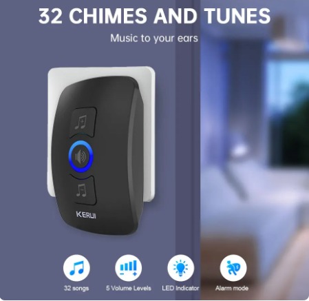 Wireless Doorbell KERUI (2 Push Buttons + 1 Plug in Receiver, 300 Meter, 60 Melodies,5 Volume Levels and LED Flash ) Color Black