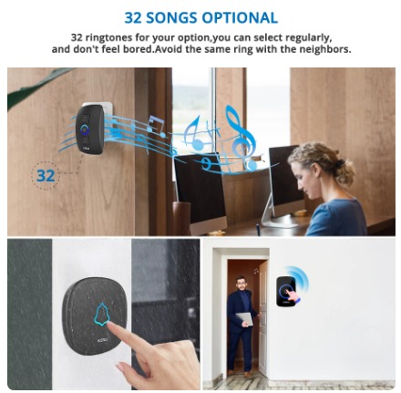 جرس لاسلكي من KERUI مع ( 2 زر + 1 مستقبل + 60 نغمة، 5 مستويات صوت نطاق 300 متر وفلاش LED اللون اسود )