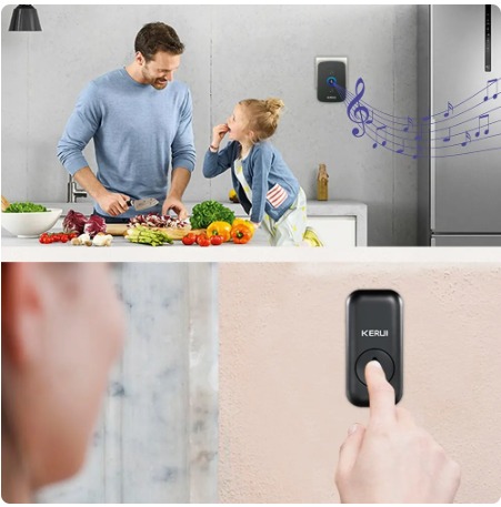 Wireless Doorbell KERUI (2 Push Buttons + 1 Plug in Receiver, 300 Meter, 60 Melodies,5 Volume Levels and LED Flash ) Color Black