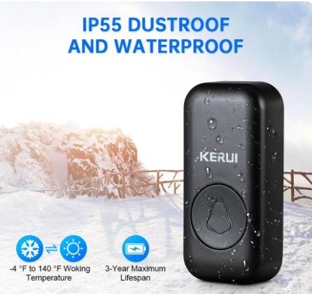 جرس لاسلكي من KERUI مع ( 2 زر + 1 مستقبل + 60 نغمة، 5 مستويات صوت نطاق 300 متر وفلاش LED اللون اسود )