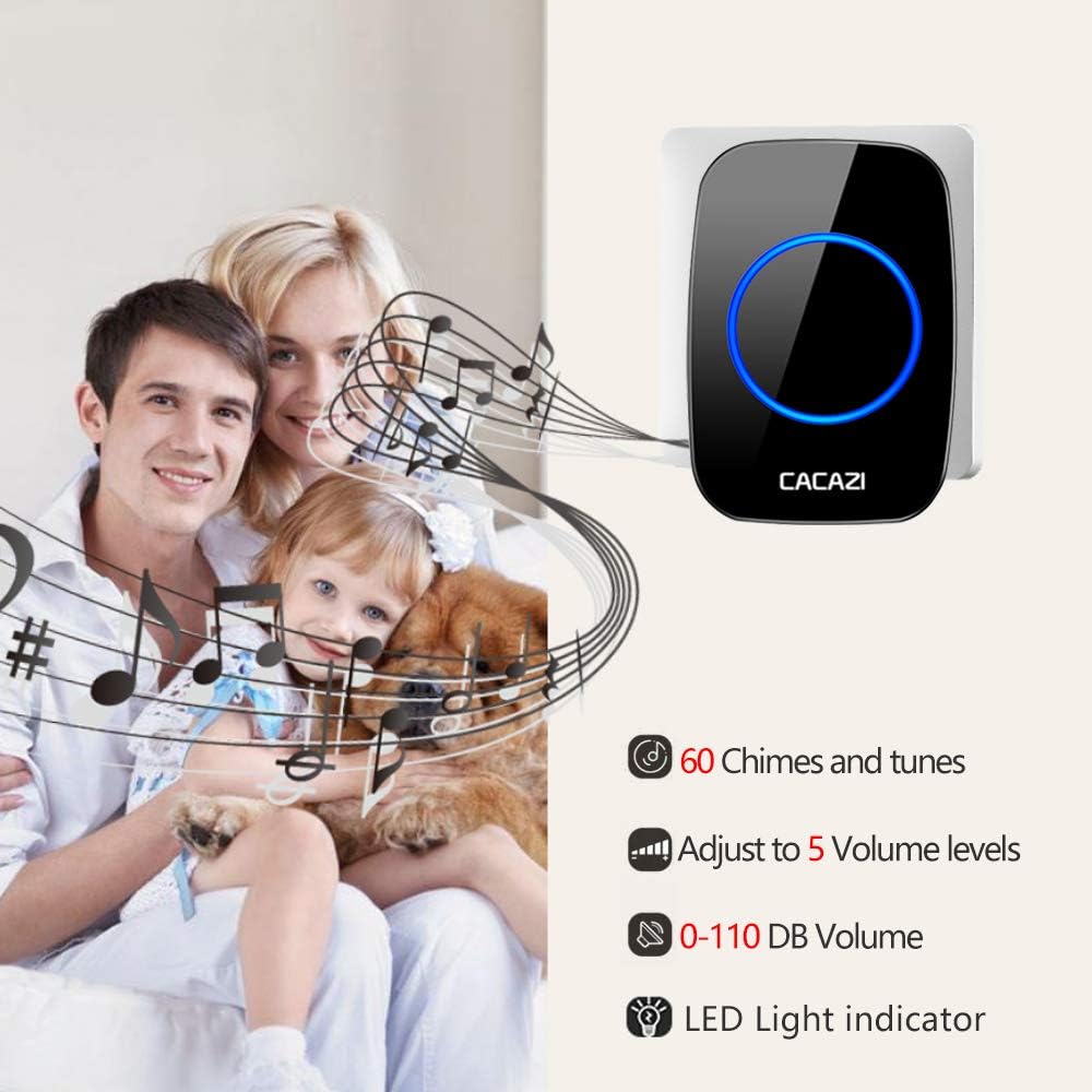 Wireless Doorbell CACAZI ( Color Black 1 Push Button + 2 Plug in Receivers, 300meter 60 Doorbell chimes & 5 Volume )