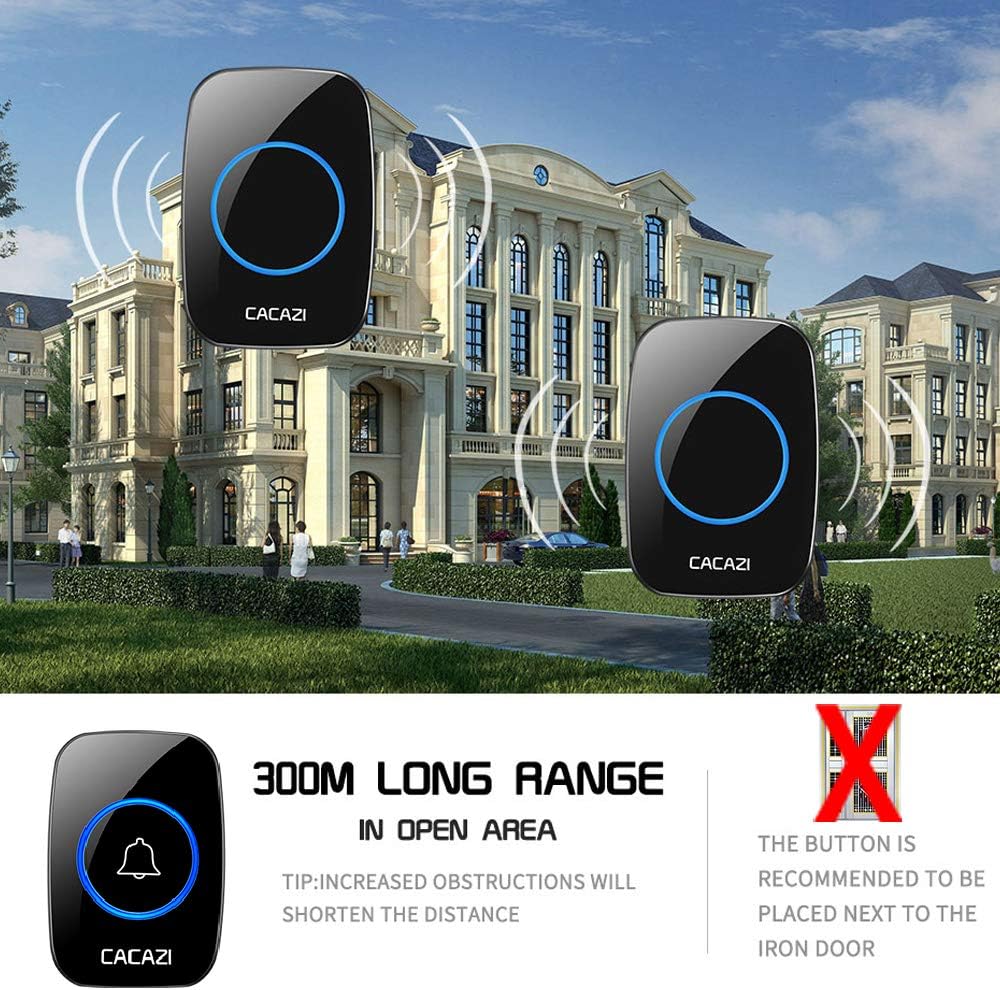 Wireless Doorbell CACAZI ( Color Black 1 Push Button + 2 Plug in Receivers, 300meter 60 Doorbell chimes & 5 Volume )