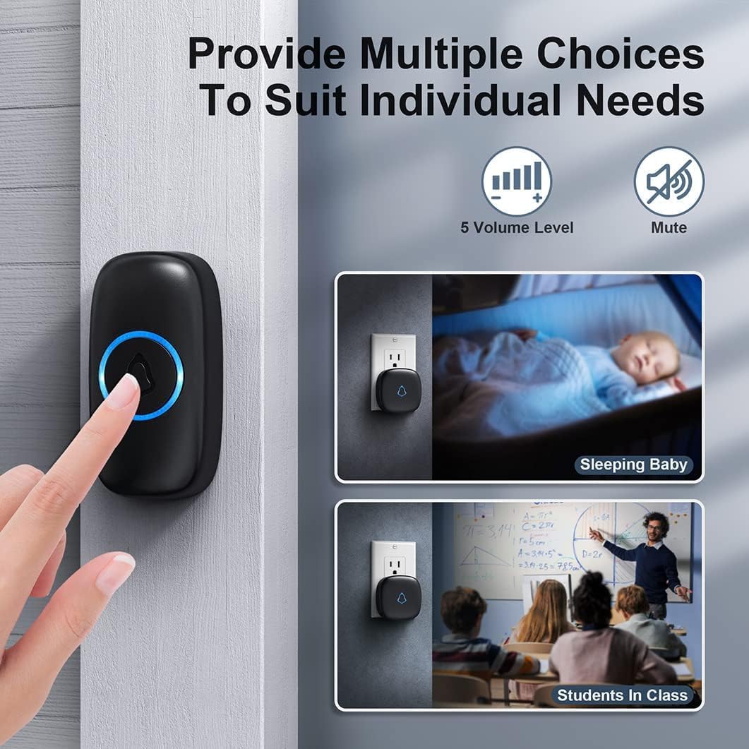 Wireless Doorbell SECRUI  ( Color Black 2 Push Buttons + 3 Plug in Receivers, 300meters 58 Doorbell chimes & 5 Volume Levels, LED Strobe )