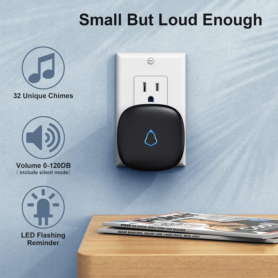 Wireless Doorbell SECRUI  ( Color Black 2 Push Buttons + 3 Plug in Receivers, 300meters 58 Doorbell chimes & 5 Volume Levels, LED Strobe )