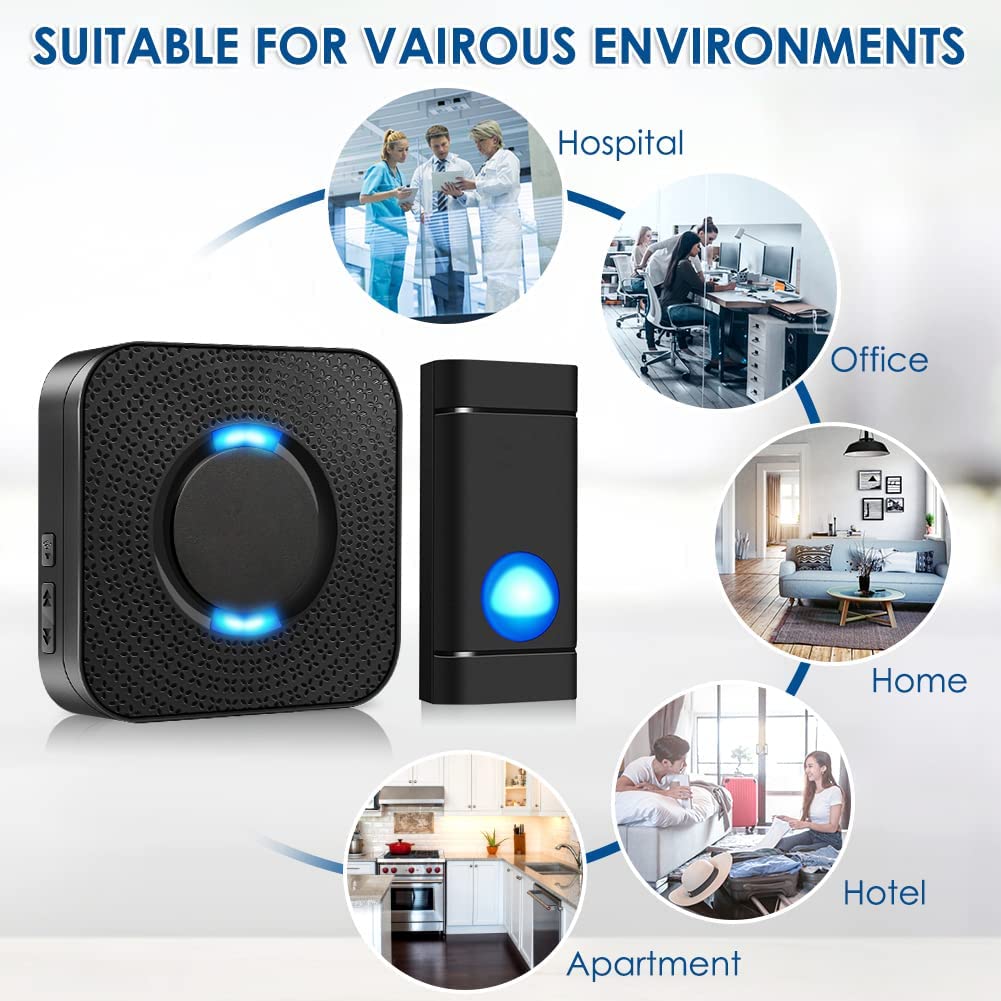 Wireless Doorbell COTINSE ( Color Black 2 Push Buttons + 4 Plug in Receivers, 400 meter 58 Doorbell chimes & 5 Volume Levels, LED Strobe )