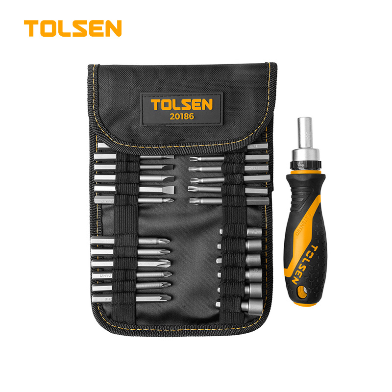 طقم مفك راتشه مع 26ق لقم/ سنون تى, ن, ص, ع  بمحفظة	Tolsen