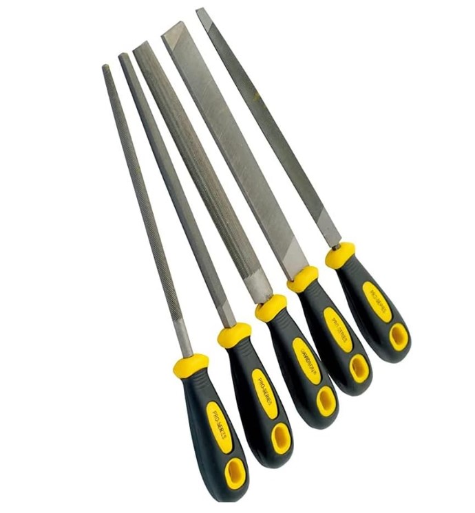 5PC 8" STEEL FILE HALF ROUND,HAND,TRIANGLE,SQUARE,ROUND WITH HANDLE G,IN COLOR BOX	WISEMANN