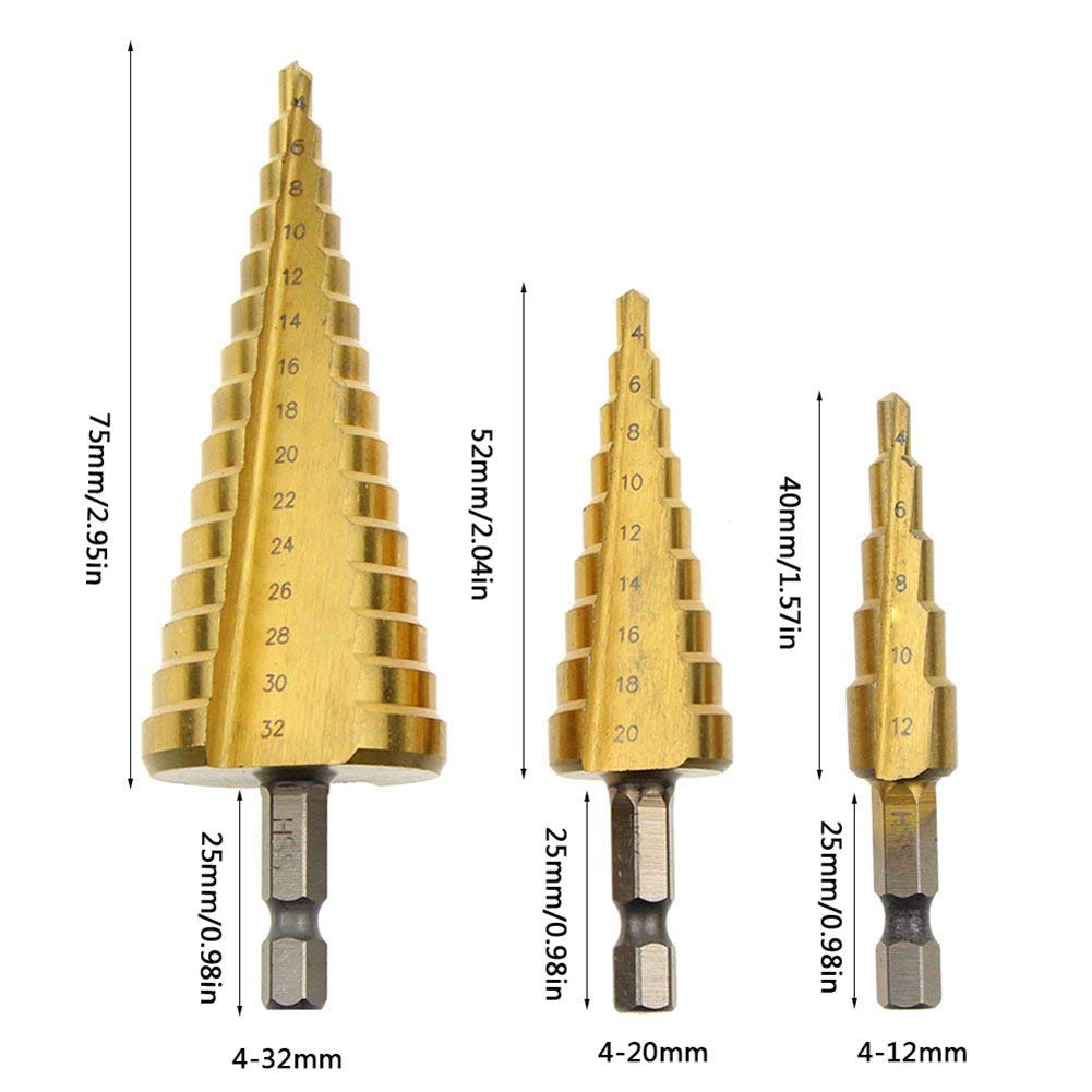 WISEUP 3pcs HSS Step Drill Bit Set, Cone Drill Bit