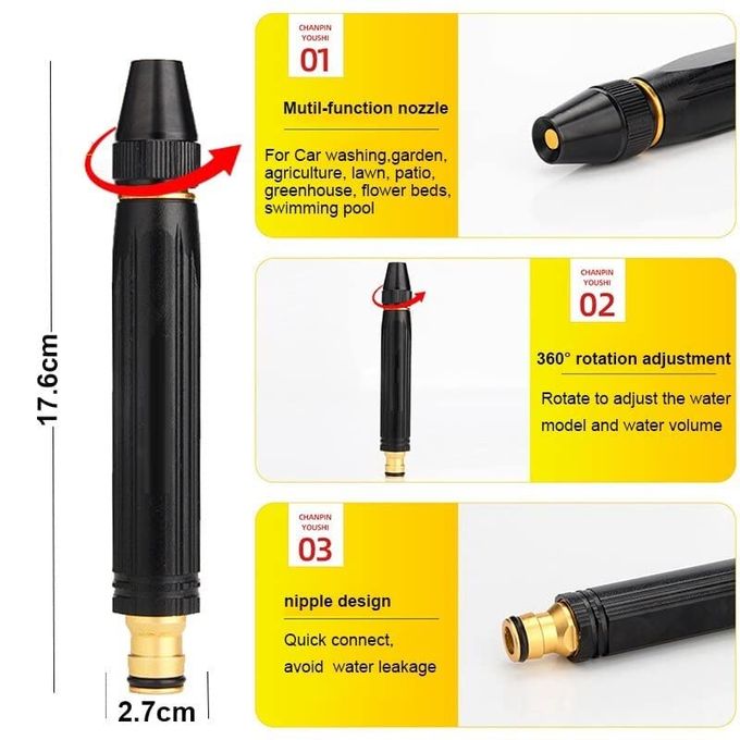 Portable High Pressure Washing Water Gun, Adjustable Multifunction Pressure Washer Nozzle Spray Gun Direct Spray Car Wash Water Gun,Black High Pressur
