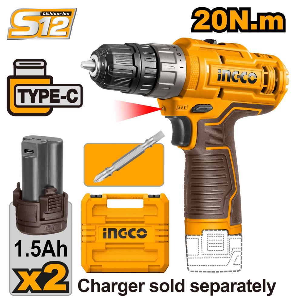 INGCO Cordless Impact Drill 12V + 2 Battary