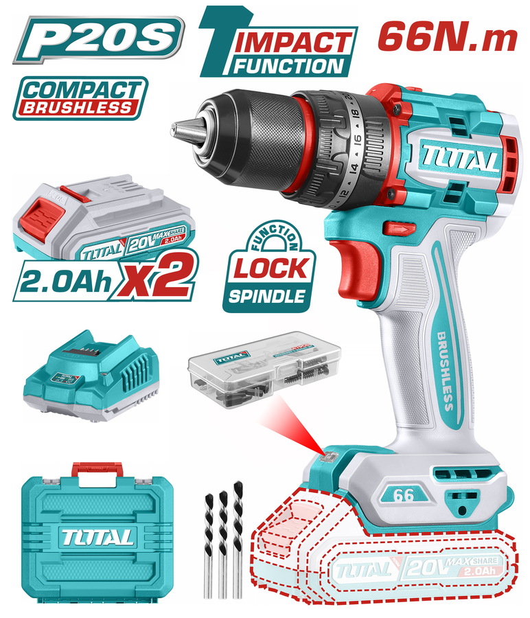 TOTAL Compact Brushless Cordless Impact Drill 20V/ 2Ah/ 66Nm