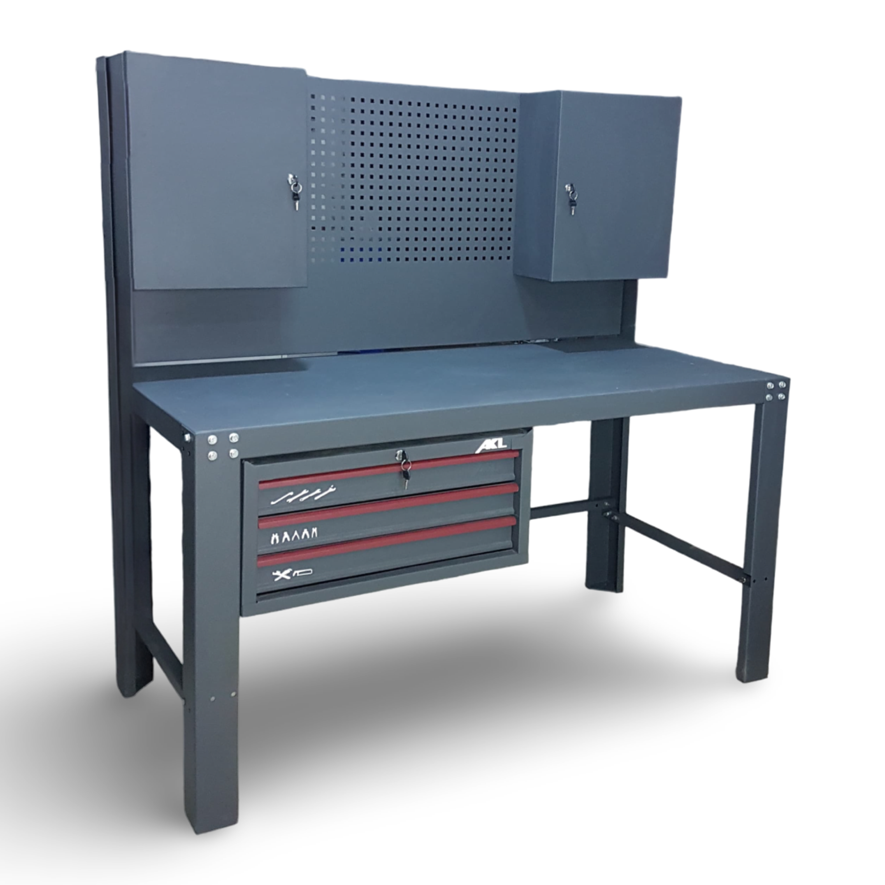 Workbench With Pegboard, Drawers, 150 Cm Length, Grey
