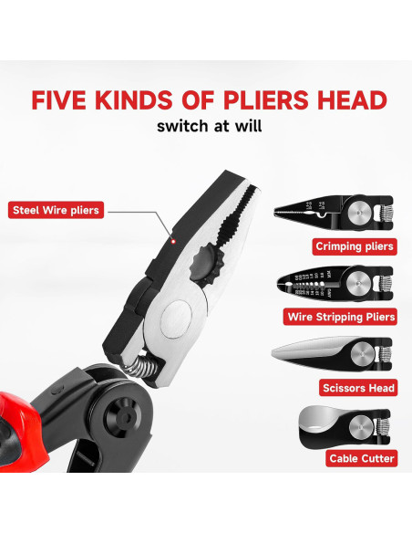 Multifunctional Pliers Tool Kit 5 IN 1 With 5 Interchangeable Heads Combination Lineman Pliers ,Cable Cutting ,Wire Stripping