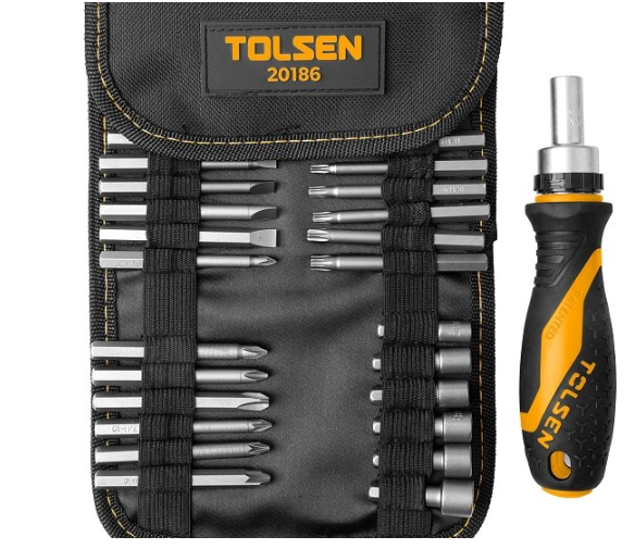 طقم مفك راتشه مع 26ق لقم/ سنون تى, ن, ص, ع  بمحفظة	Tolsen
