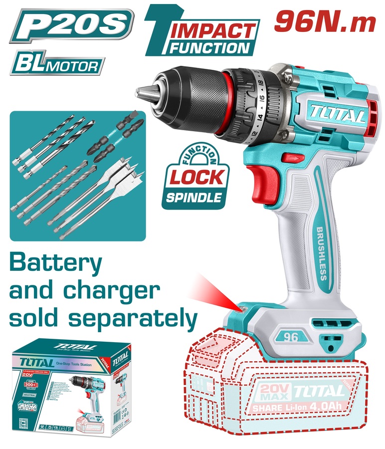 TOTAL Compact Brushless Cordless Impact Drill 20V/96Nm Without Battery And Charger