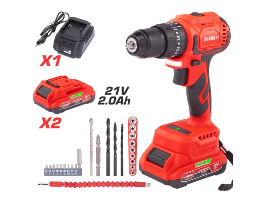 DURMIRI Cordless Drill / 21V/10mm Brushless +2 Battaries + 1 Charger