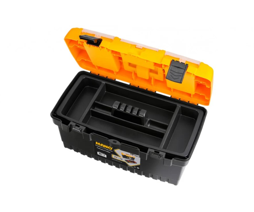 Plastic Tool Box With Plastic Lock And Upper Compartments, 22 Inches, Size 564×310×310 Mm, Brand: MANO, Made In Turkey.