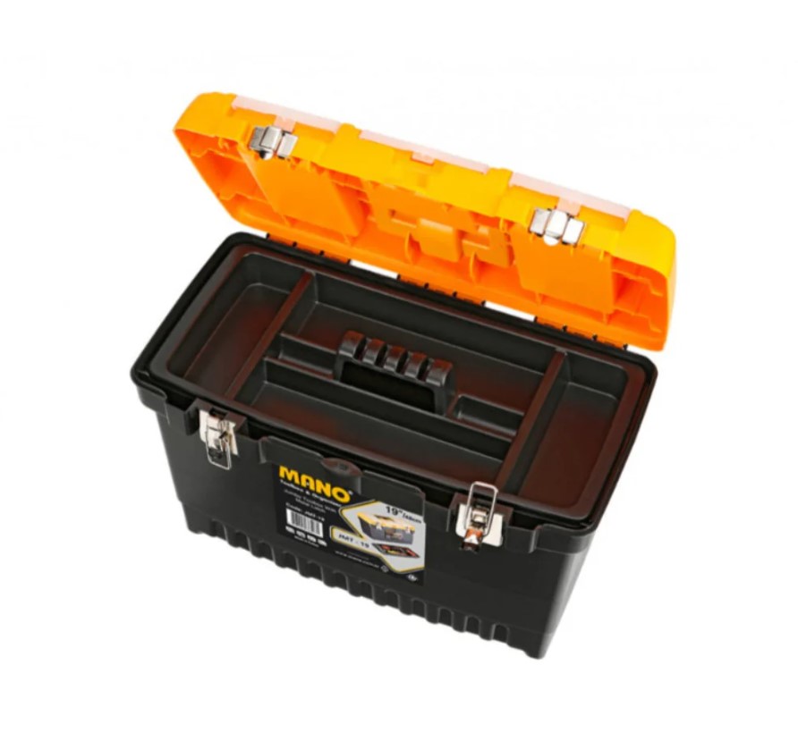 شنطة عدة بلاستيك جامبو قفل معدن بحوافظ علوية 19 بوصة مقاس 486×267×320 مم ماركة مانو صناعة تركي