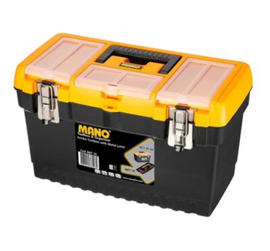 Jumbo Plastic Tool Box With Metal Lock And Upper Compartments, 16 Inches, Size 413×212×244 Mm, Brand: MANO, Made In Turkey