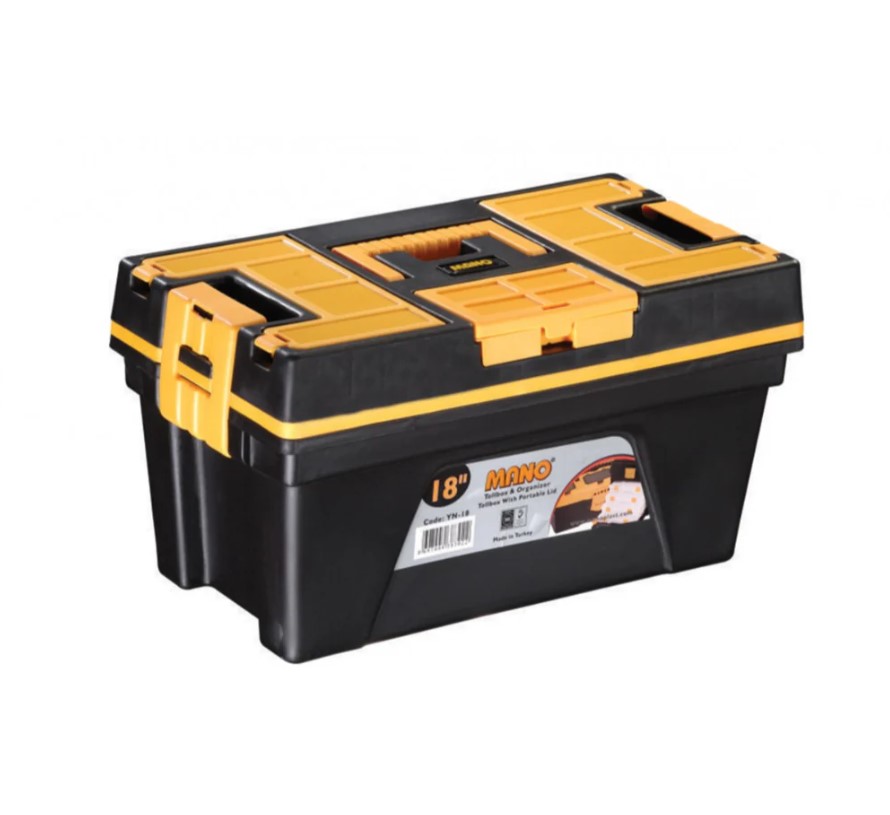 شنطة عدة بلاستيك بحوافظ علوية وغطاء متحرك 18 بوصة مقاس 460×246×246 مم ماركة مانو صناعة تركي