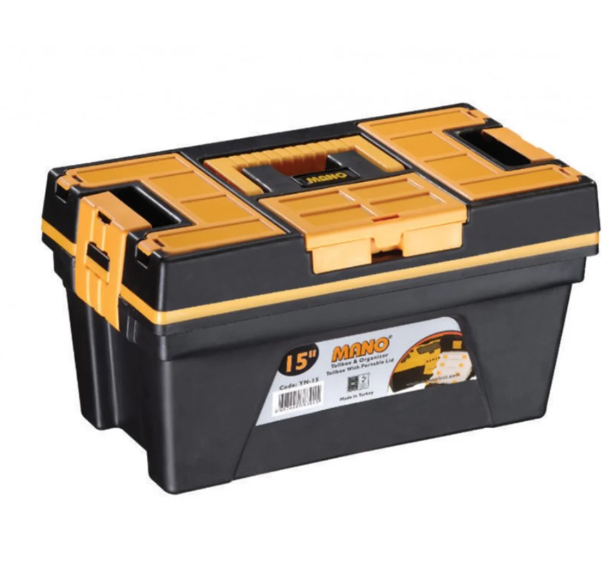 Plastic Tool Box With Upper Compartments And A Sliding Lid, 15 Inches, Size 394×213×215 Mm, Brand: MANO, Made In Turkey