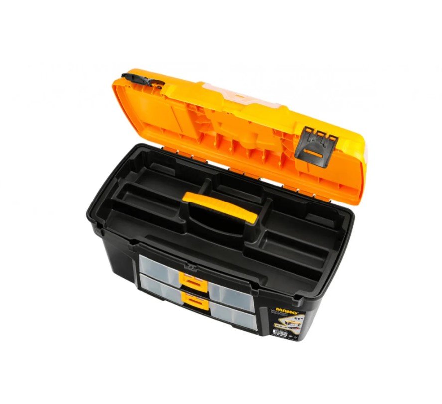 شنطة عدة بلاستيك بحوافظ علوية ودرج داخلي 21 بوصة مقاس 534×291×280 مم ماركة مانو صناعة تركي