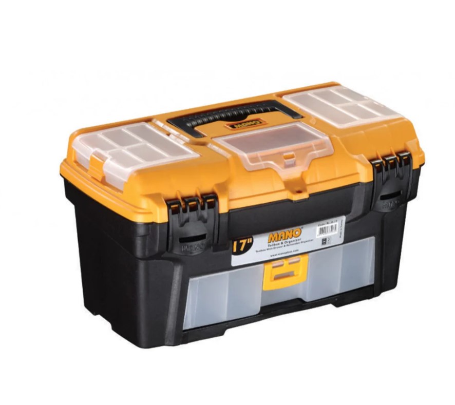 شنطة عدة بلاستيك بحوافظ علوية ودرج داخلي 17 بوصة مقاس 434×250×238 مم ماركة مانو صناعة تركي