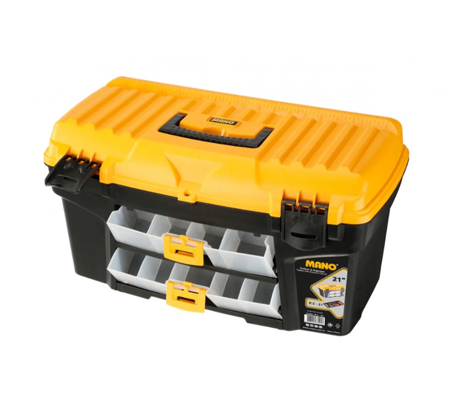 Plastic Tool Box With Sliding External Drawer, 21 Inches, Size 534×291×280 Mm, Brand: MANO, Made In Turkey.