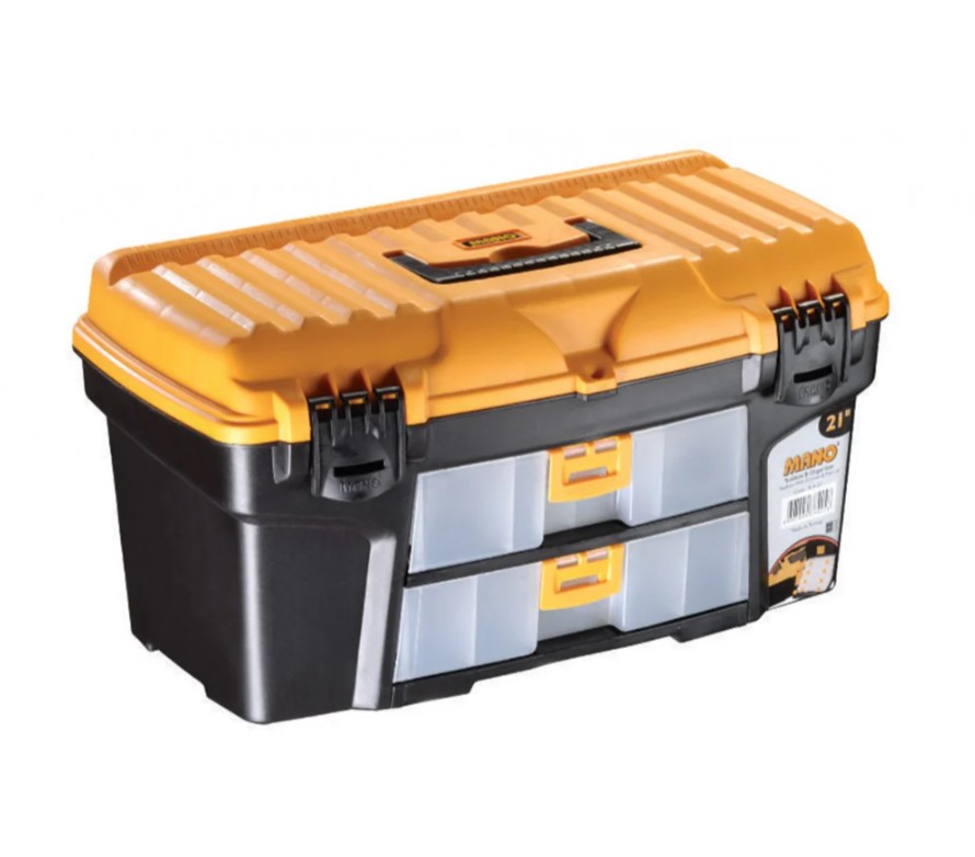 Plastic Tool Box With Sliding External Drawer, 21 Inches, Size 534×291×280 Mm, Brand: MANO, Made In Turkey.
